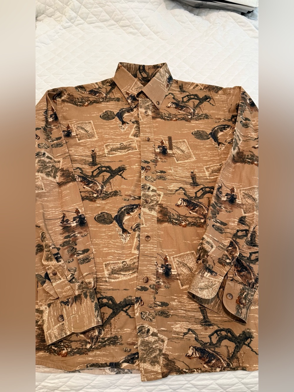 Magellan Outdoors Brown Fishing Print Button-Down Shirt